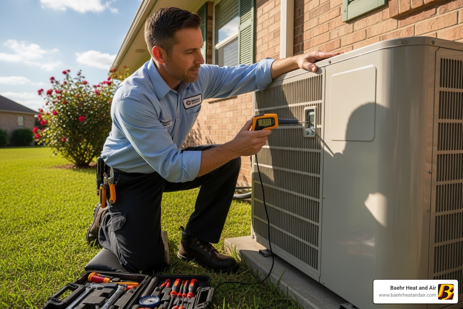 HVAC technician inspecting an outdoor AC unit - auburn heating and cooling