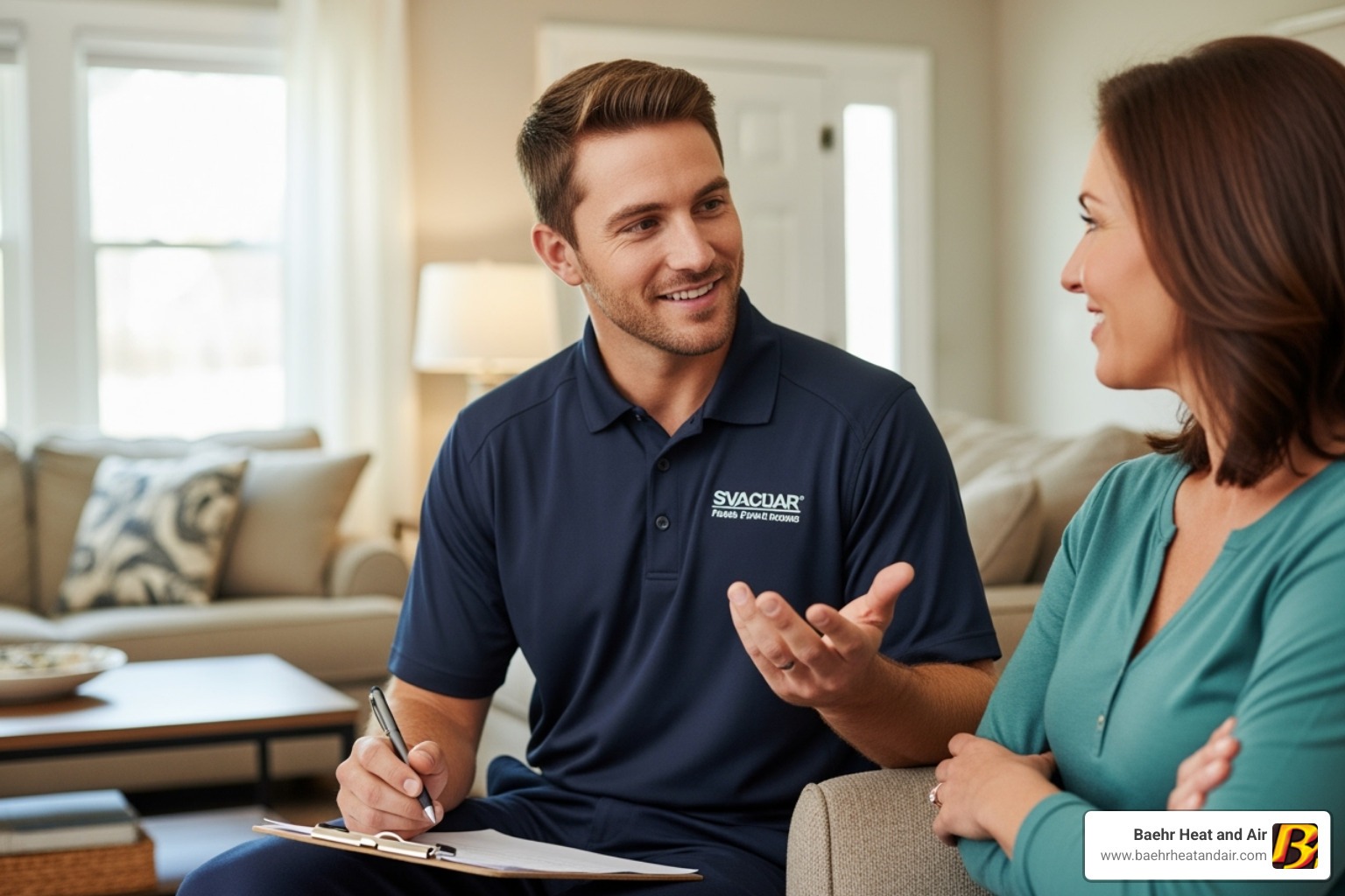 Friendly technician with a clipboard talking to a homeowner - auburn heating and cooling