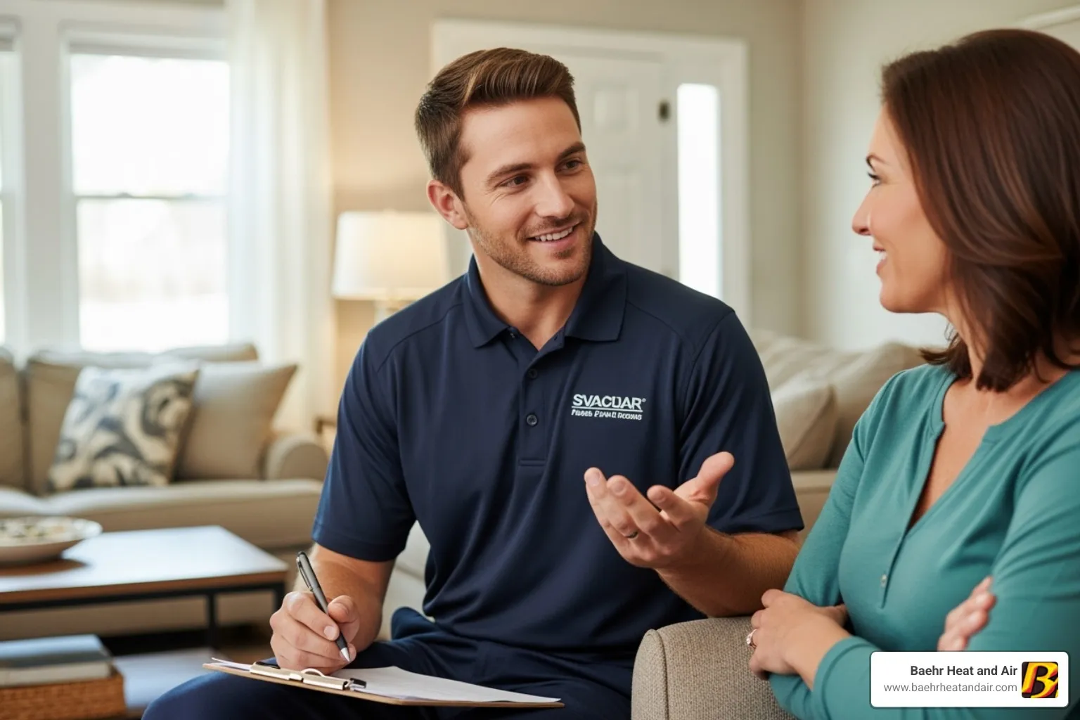 Friendly technician with a clipboard talking to a homeowner - auburn heating and cooling