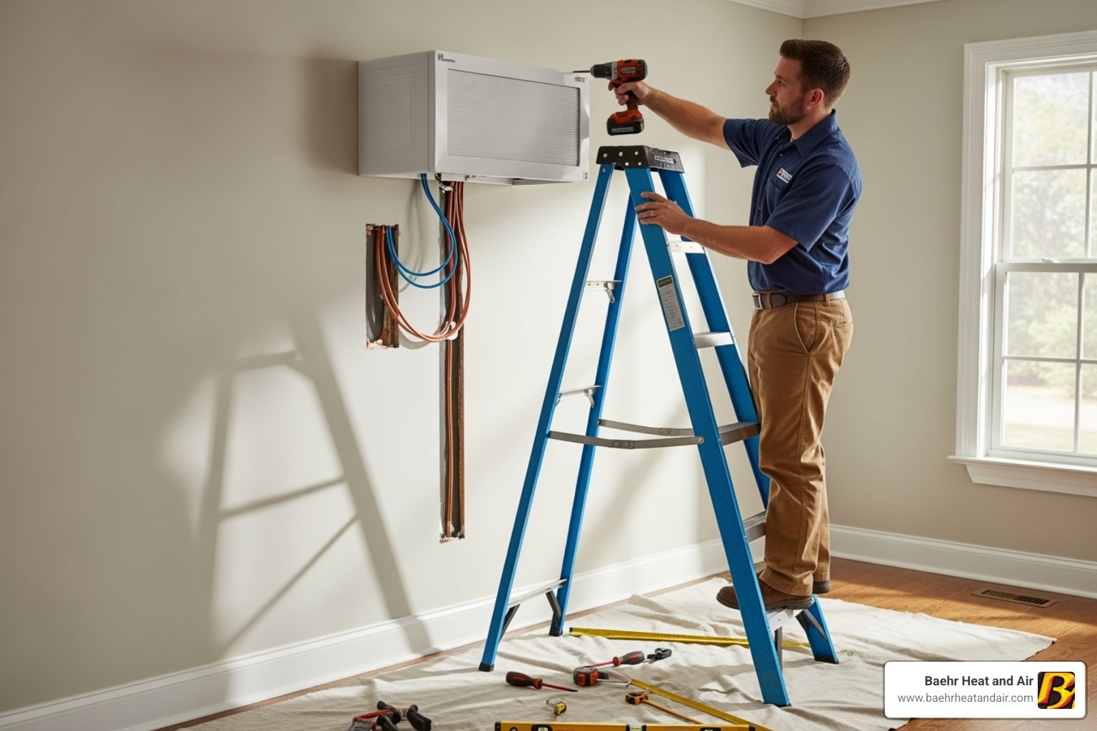 technician installing mini-split - Mini split installation Auburn