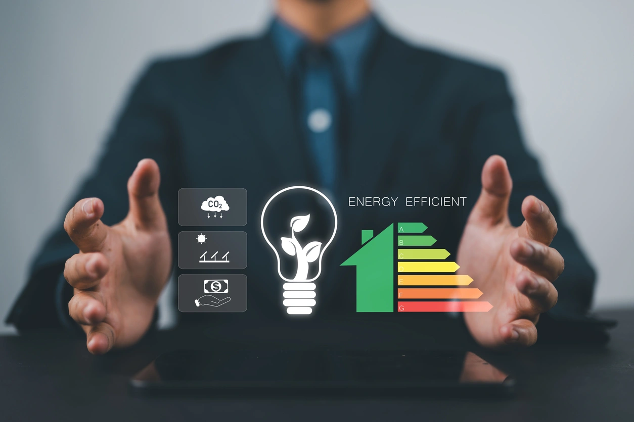 A person in a suit gestures around floating energy icons, including a light bulb,