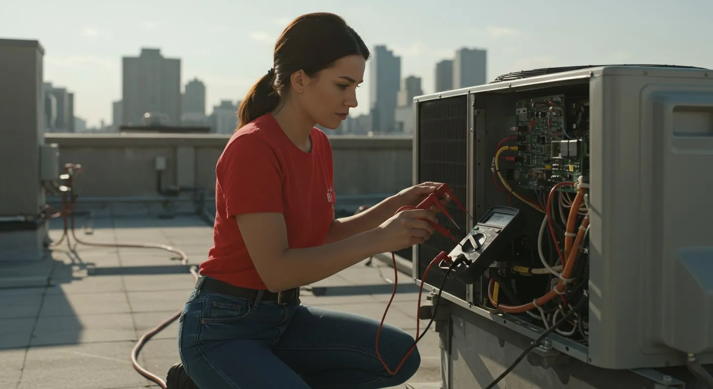 Woman using multimeter on rooftop unit.