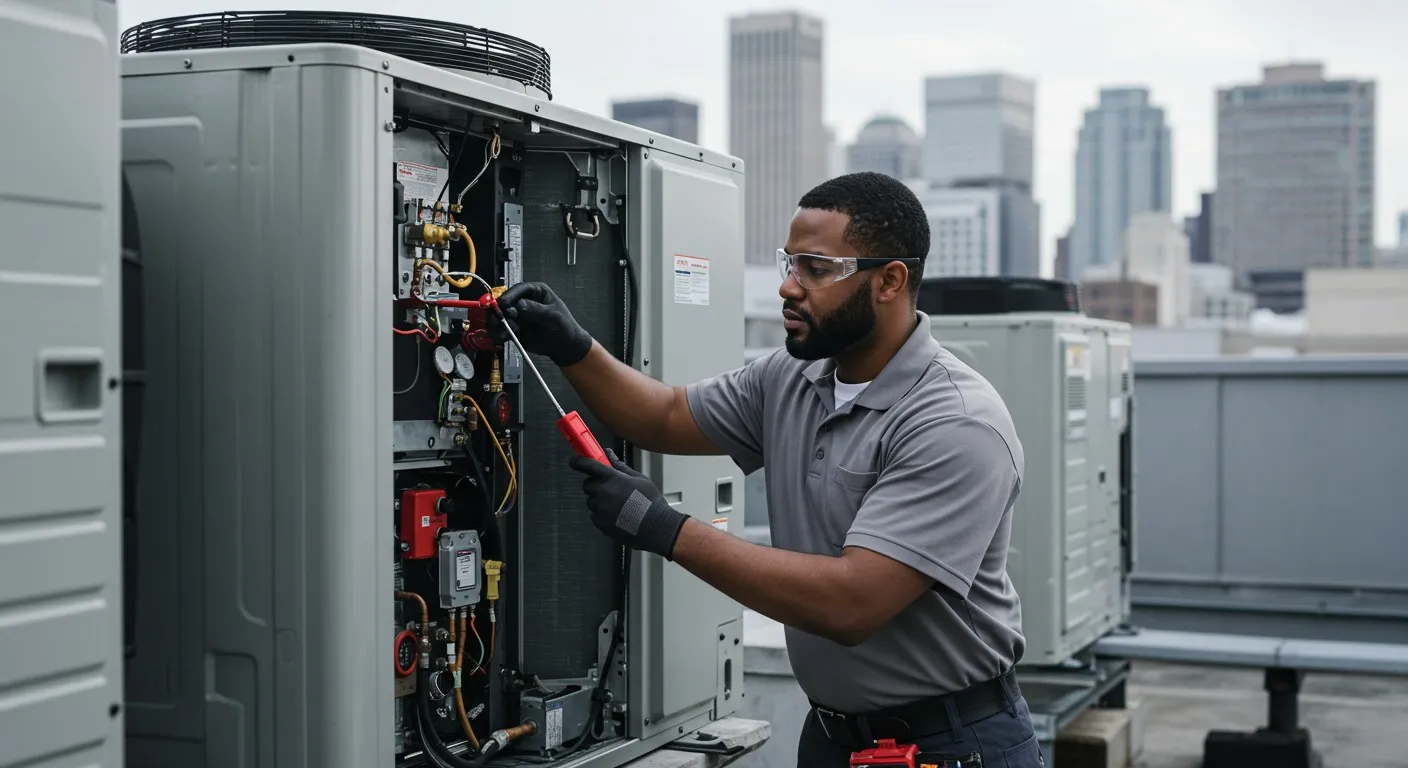 HVAC technician inspecting rooftop unit wiring.