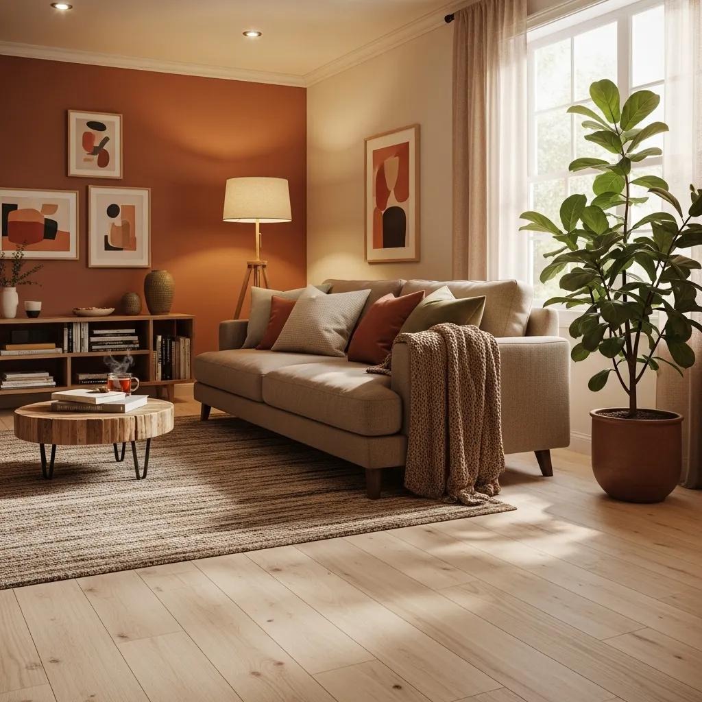 Cozy living room with radiant floor heating, showing even warmth and energy savings