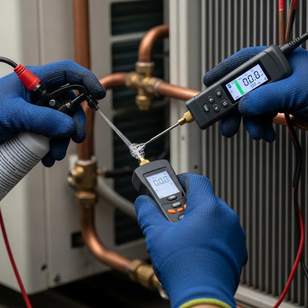 Technician detecting refrigerant leak in air conditioning system