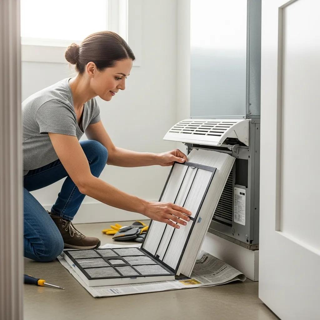Homeowner changing air filter in air conditioning unit