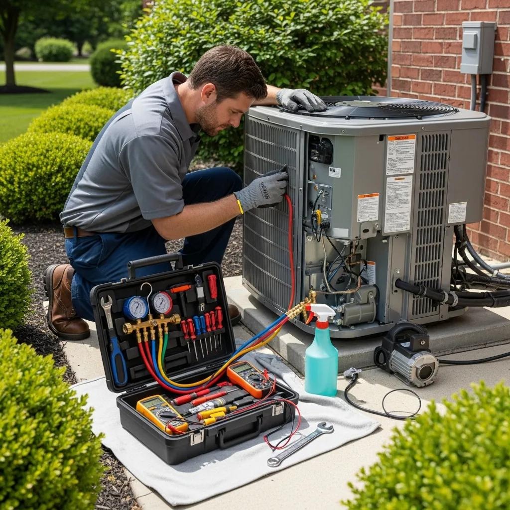 Technician inspecting an air conditioning unit for repair