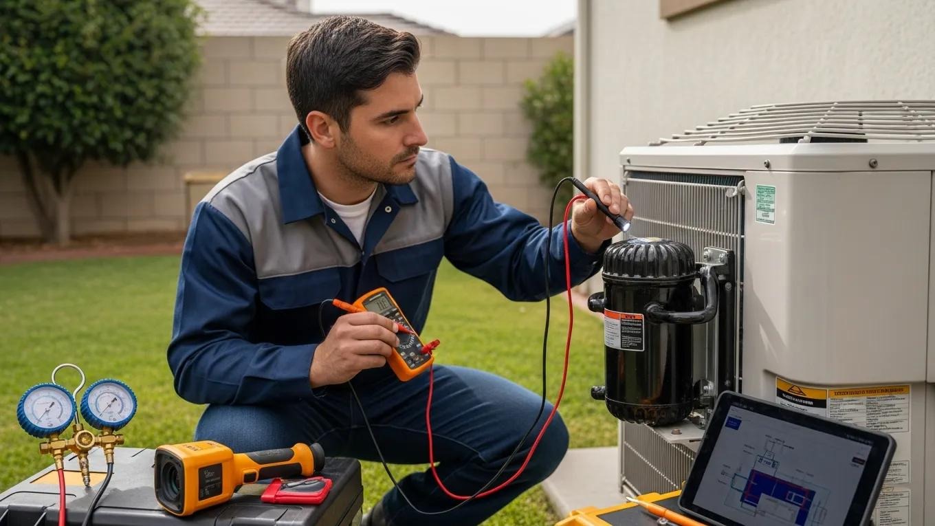 HVAC technician inspecting an air conditioning compressor