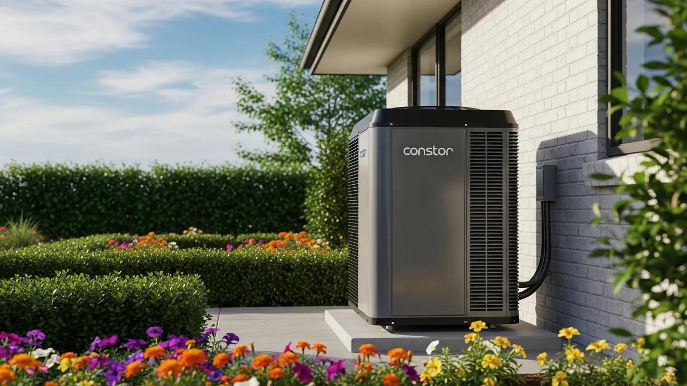 Modern air conditioning compressor unit in a residential setting