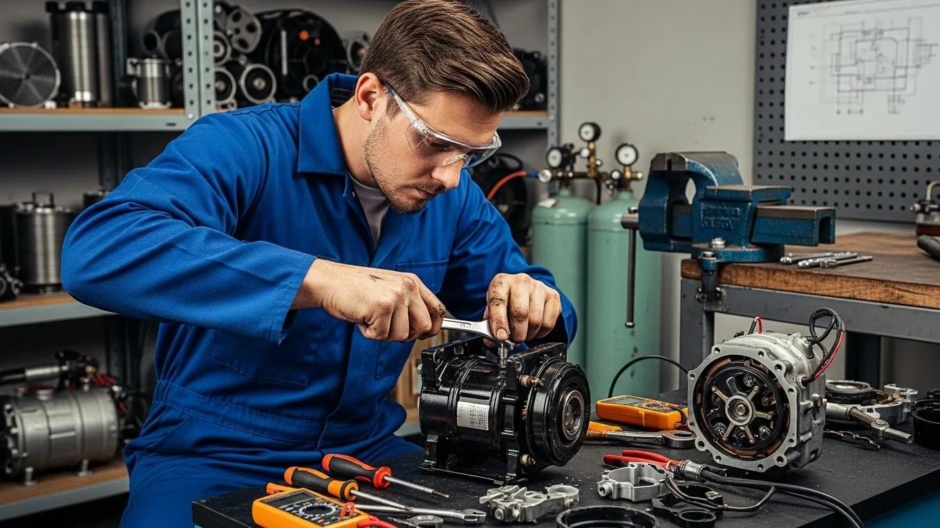 HVAC technician repairing an air conditioning compressor