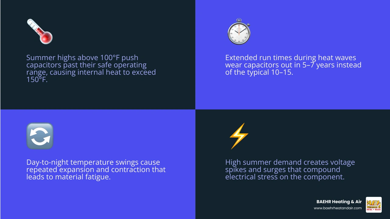 Infographic showing how Sierra foothill summer heat causes AC capacitor failure through heat, runtime, thermal cycling, and