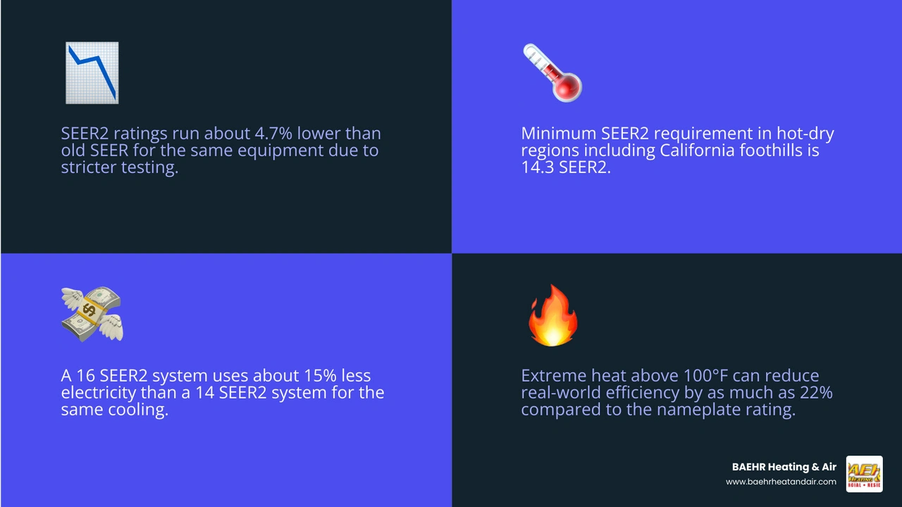 Infographic comparing SEER vs SEER2 ratings, minimum requirements, and energy bill impact in hot dry foothill climates
