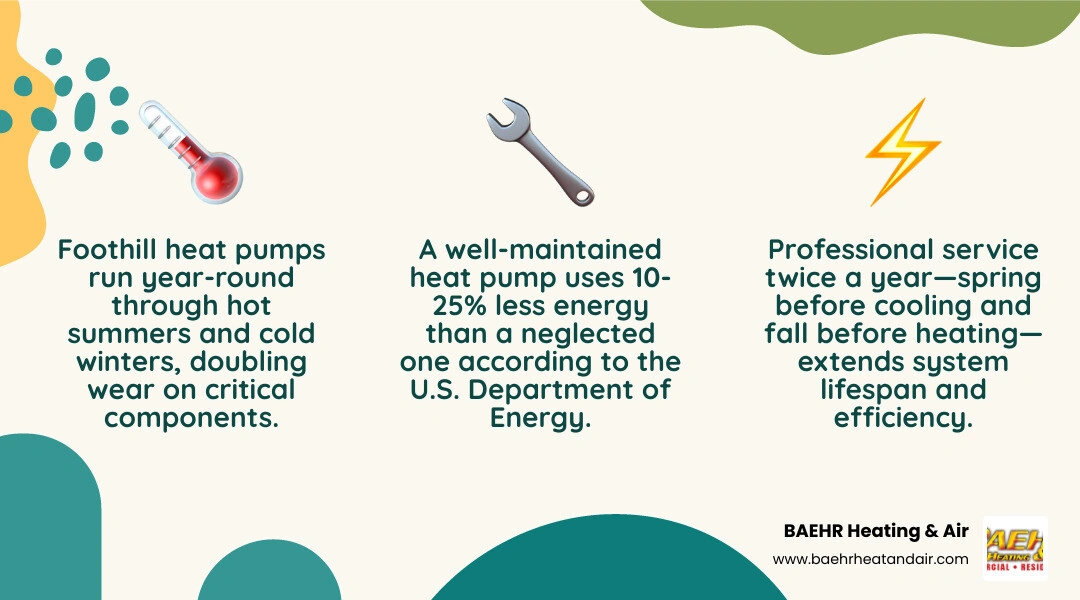 Infographic showing biannual heat pump service schedule for hot summer and cold winter foothill climates with spring and Infographic showing biannual heat pump service schedule for hot summer and cold winter foothill climates with spring and