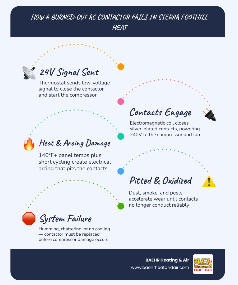 Infographic showing how an AC contactor works, common failure symptoms, and causes in Sierra Foothill heat infographic Infographic showing how an AC contactor works, common failure symptoms, and causes in Sierra Foothill heat infographic