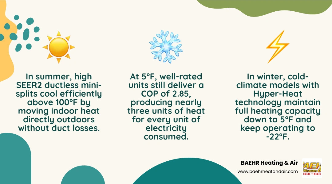 Infographic showing how ductless mini splits cool in summer and heat in winter across Sierra foothill climate zones Infographic showing how ductless mini splits cool in summer and heat in winter across Sierra foothill climate zones