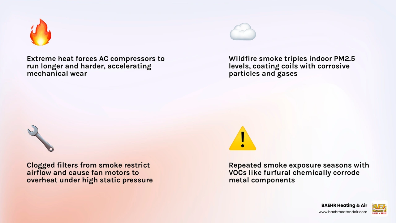Infographic showing how extreme heat and wildfire smoke damage AC components: compressor, coils, filters, and fan motors Infographic showing how extreme heat and wildfire smoke damage AC components: compressor, coils, filters, and fan motors