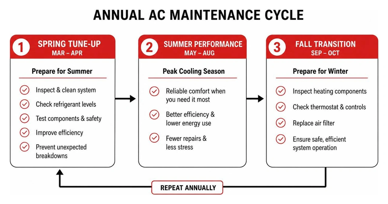 Process flow diagram showing the annual AC maintenance cycle from spring tune-up to summer performance and fall transition Process flow diagram showing the annual AC maintenance cycle from spring tune-up to summer performance and fall transition