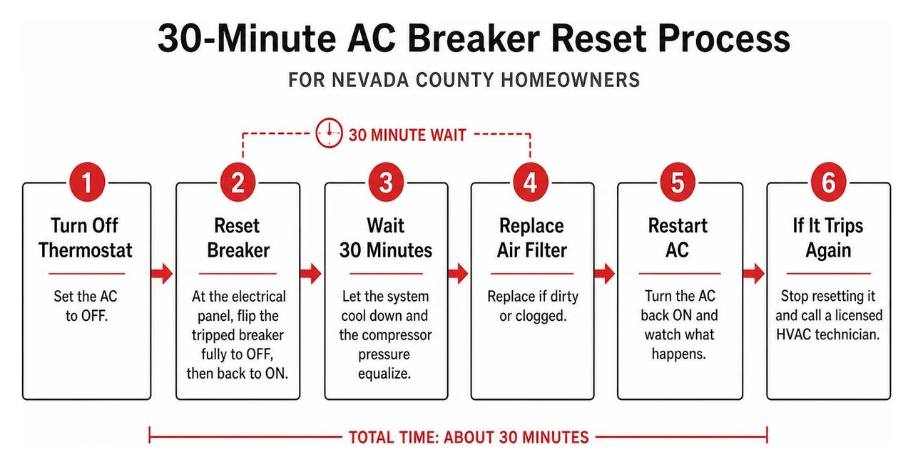 Infographic showing the 30-minute AC breaker reset process step by step for Nevada County homeowners Infographic showing the 30-minute AC breaker reset process step by step for Nevada County homeowners