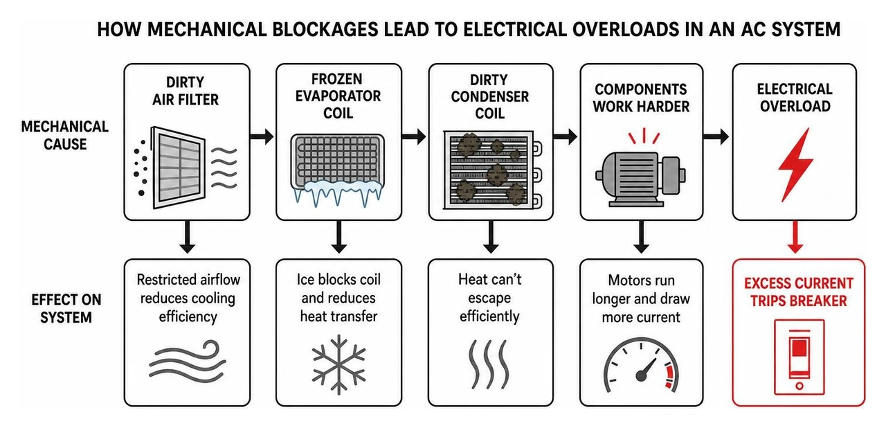 Diagram showing how mechanical blockages lead to electrical overloads in an AC system Diagram showing how mechanical blockages lead to electrical overloads in an AC system