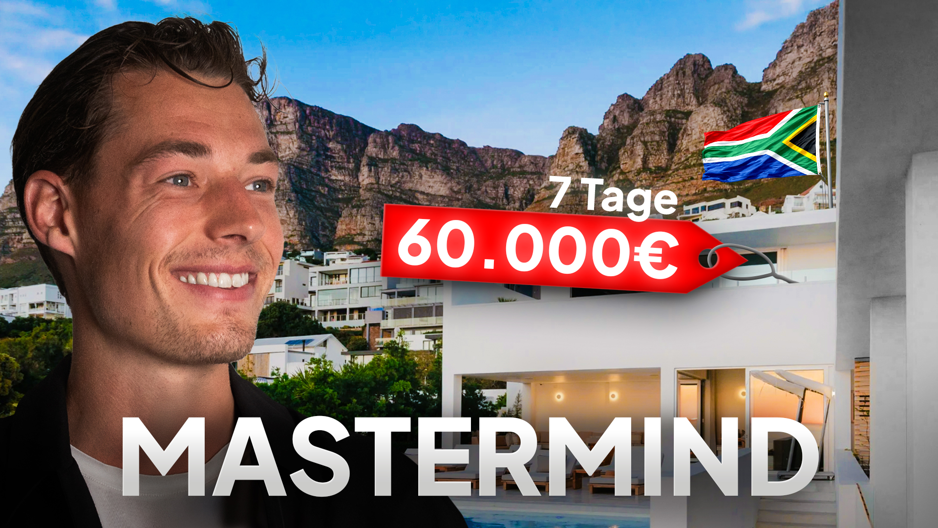 Smiling shirtless man holding a wooden cup outdoors under a wooden pergola with text showing €10,983.59 in 2 Tage.