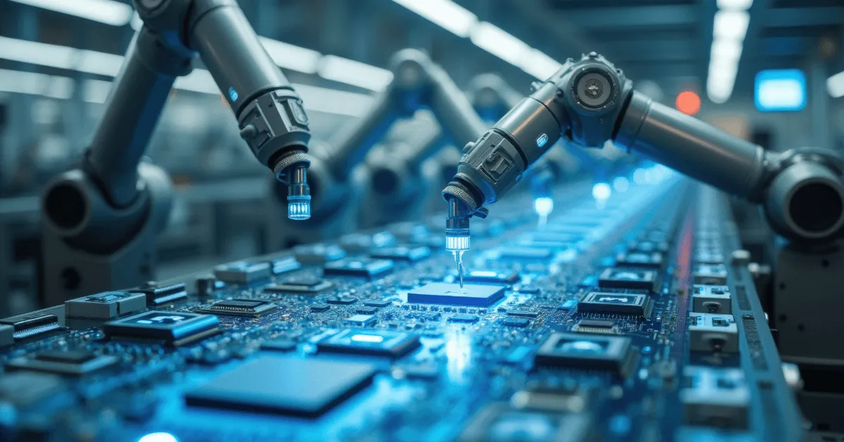 An assembly line with products and robotic arms