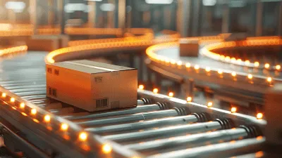 Package on assembly line conveyer belt, demonstrating the supply chain process