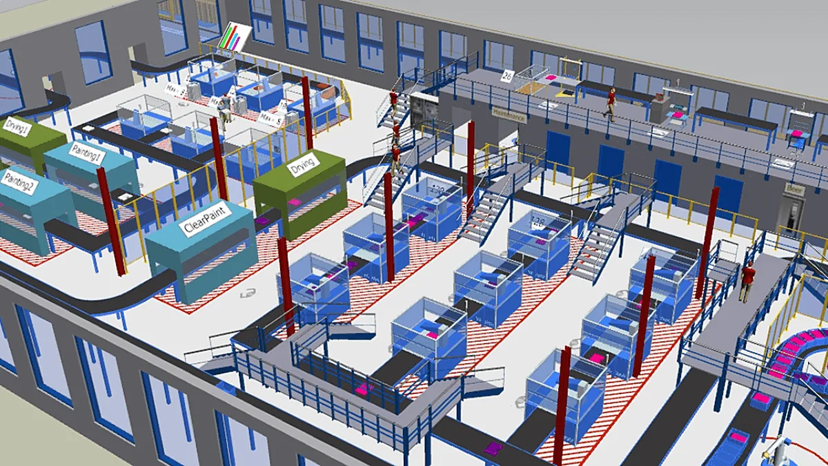 Siemens Tecnomatix Plant Simulation product image featuring digital factory floorwith automated assembly lines