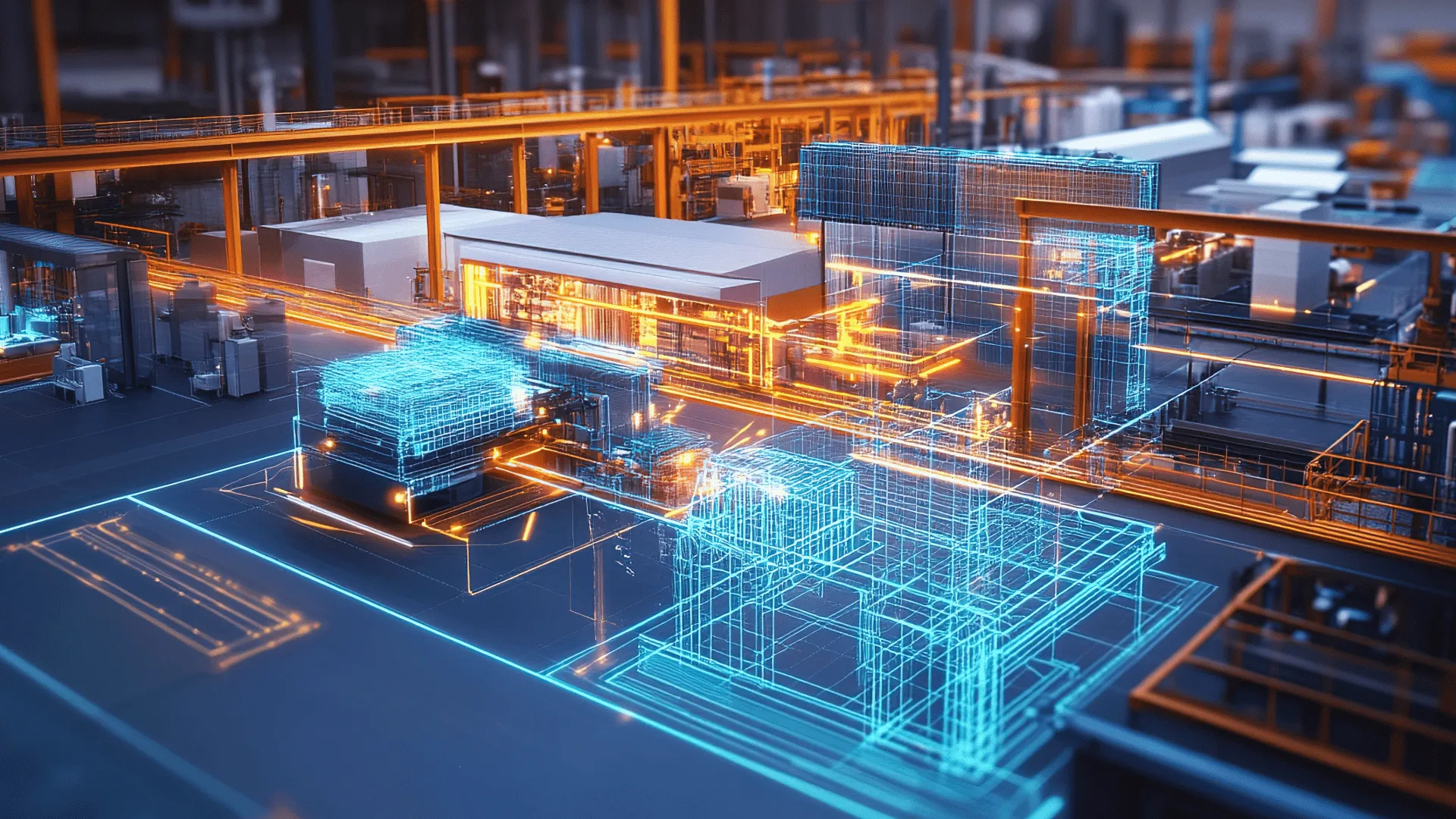 Manufacturing factory floor with digital simulation replicas