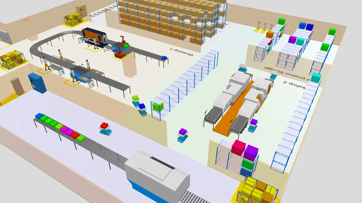 AnyLogic Simulation Software screen featuring a digital factory floor