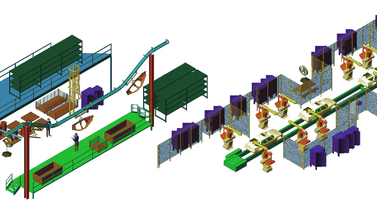 Siemens Tecnomatix FactoryCAD screen featuring digital manufacturing facility including assembly lines and products