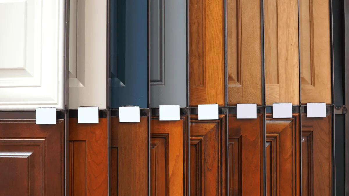 Colorful cabinet doors lined up in two rows