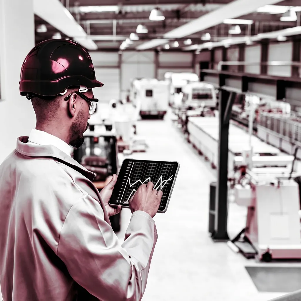 Person in factory looking at digital screen and assembly line parts