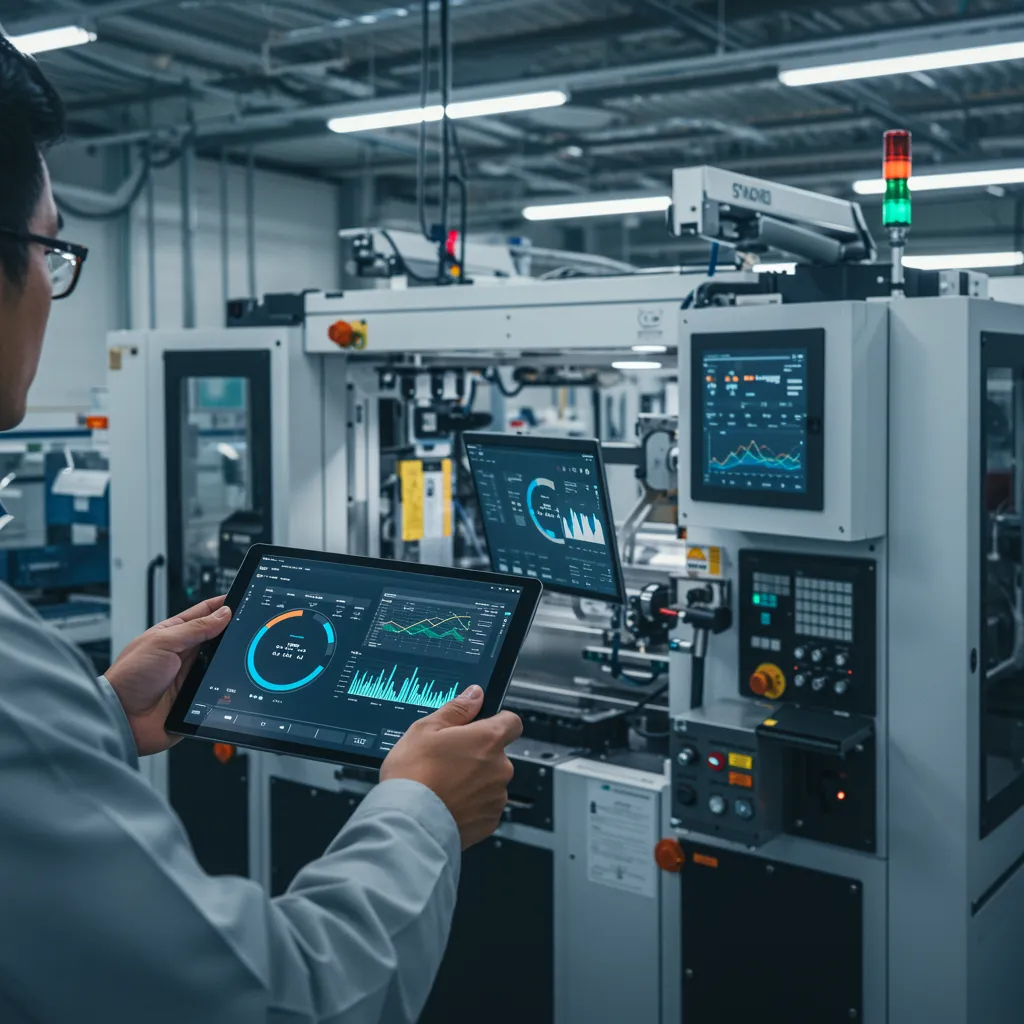 Person holding ipad with digital data showing on the screen in a factory facility