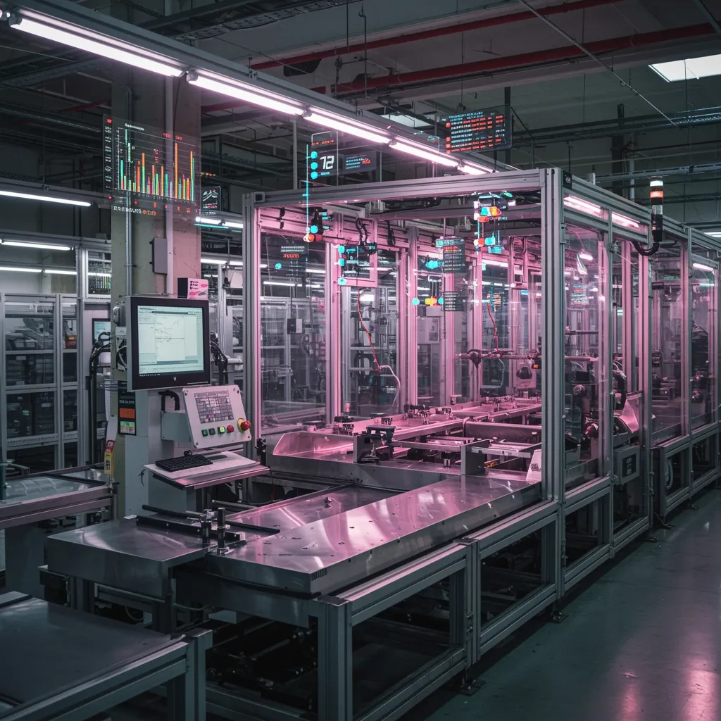 Factory floor with pink digital thread going through machines on the factory floor
