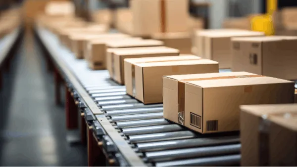 Conveyer belt assembly line with multiple carboard packages