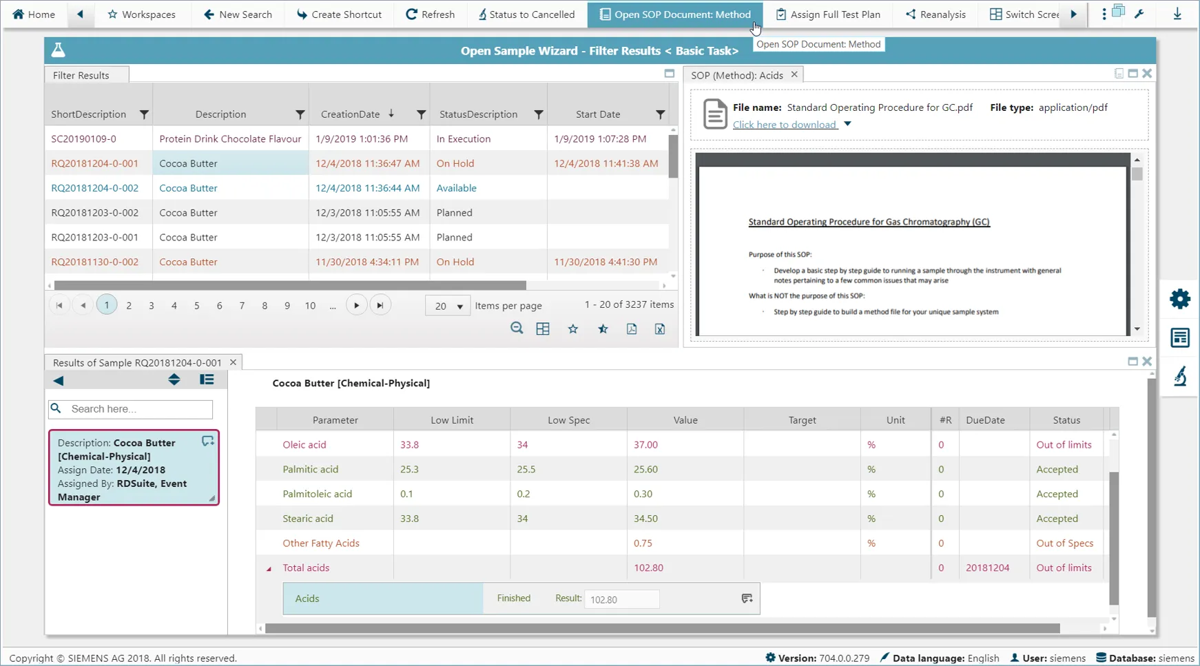 Siemens Opcenter Laboratory (SIMATIC IT Unilab)