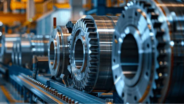 A close-up of manufacturing parts lined up next to one another in a manufacturing facility