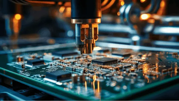 A manufacturing machine needle touching a product