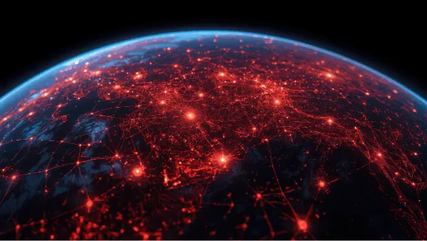 High-level view of the earth from space with lit points throughout different countries