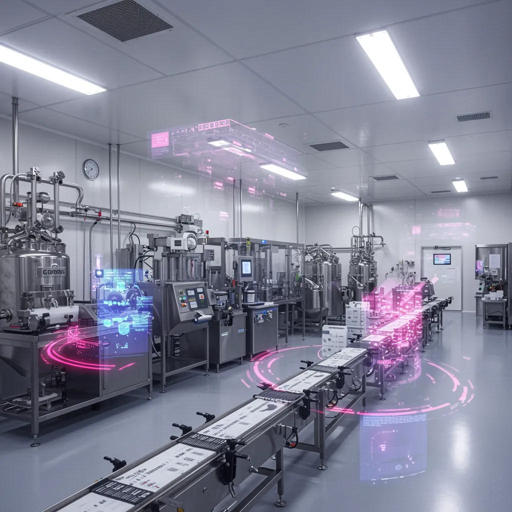 Factory floor with pink digital thread going through assembly lines