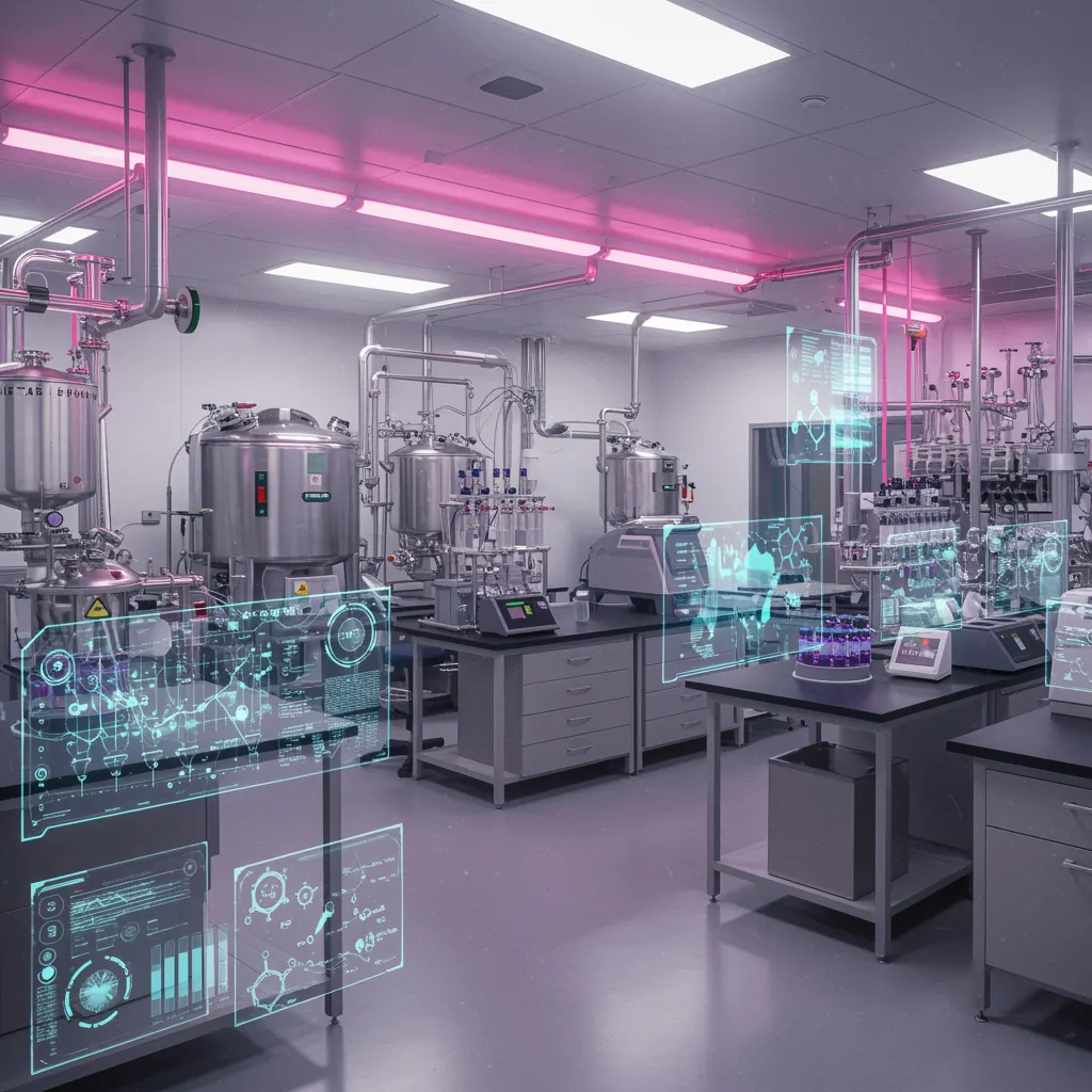 Factory manufacturing machines with pink and blue digital lines going through them