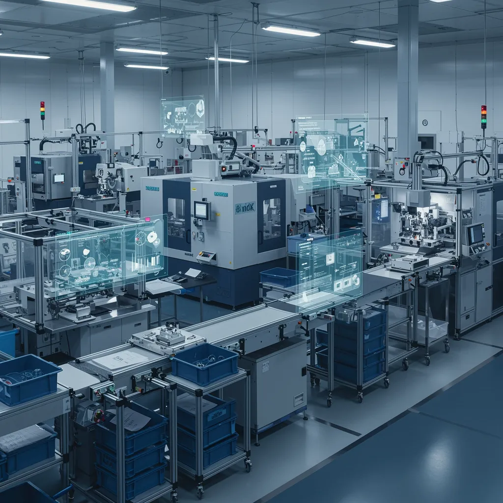 Factory floor with assembly line and machines