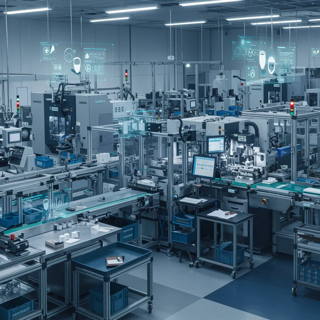 Factory floor with assembly line and machines