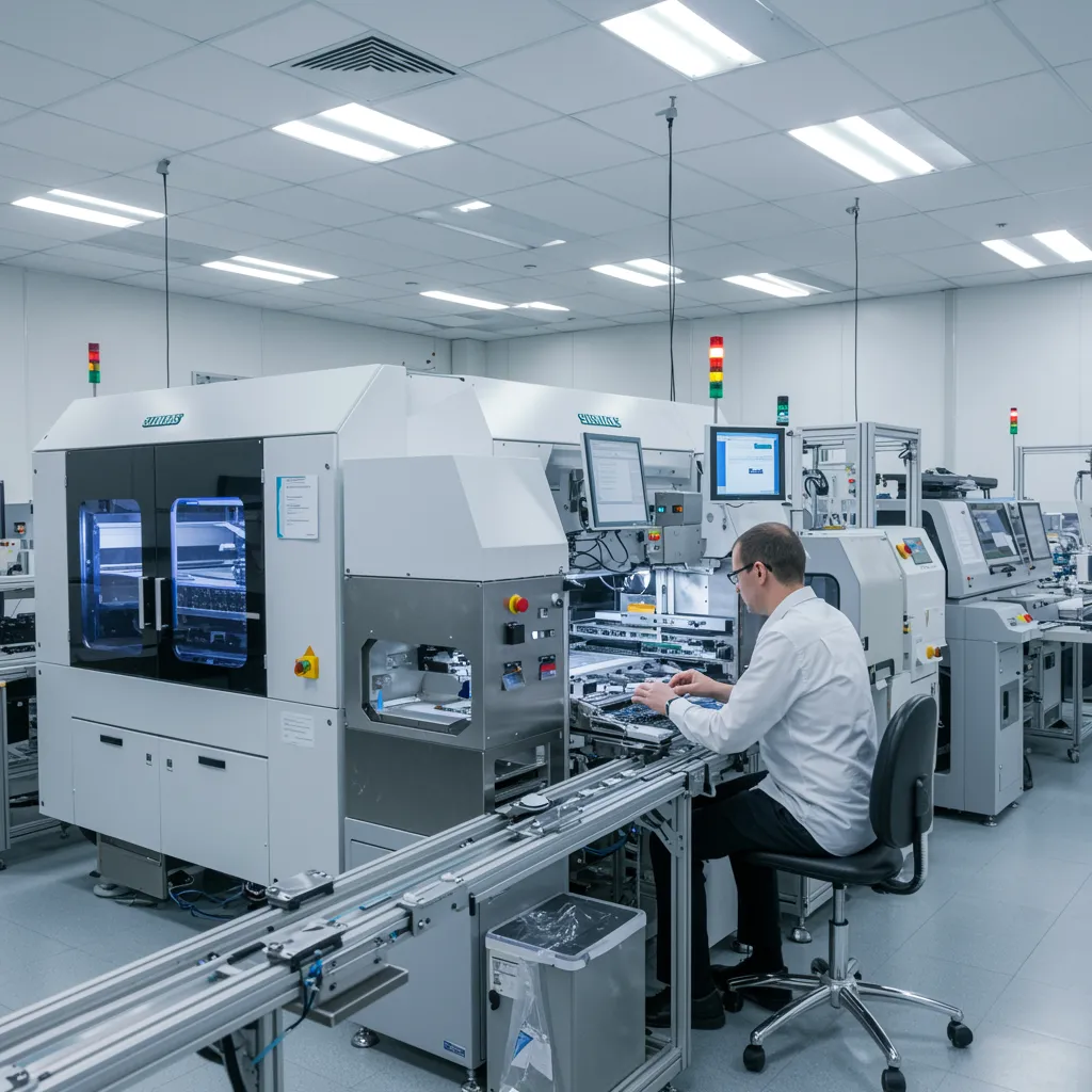 Factory floor with machines and person working on an assembly line