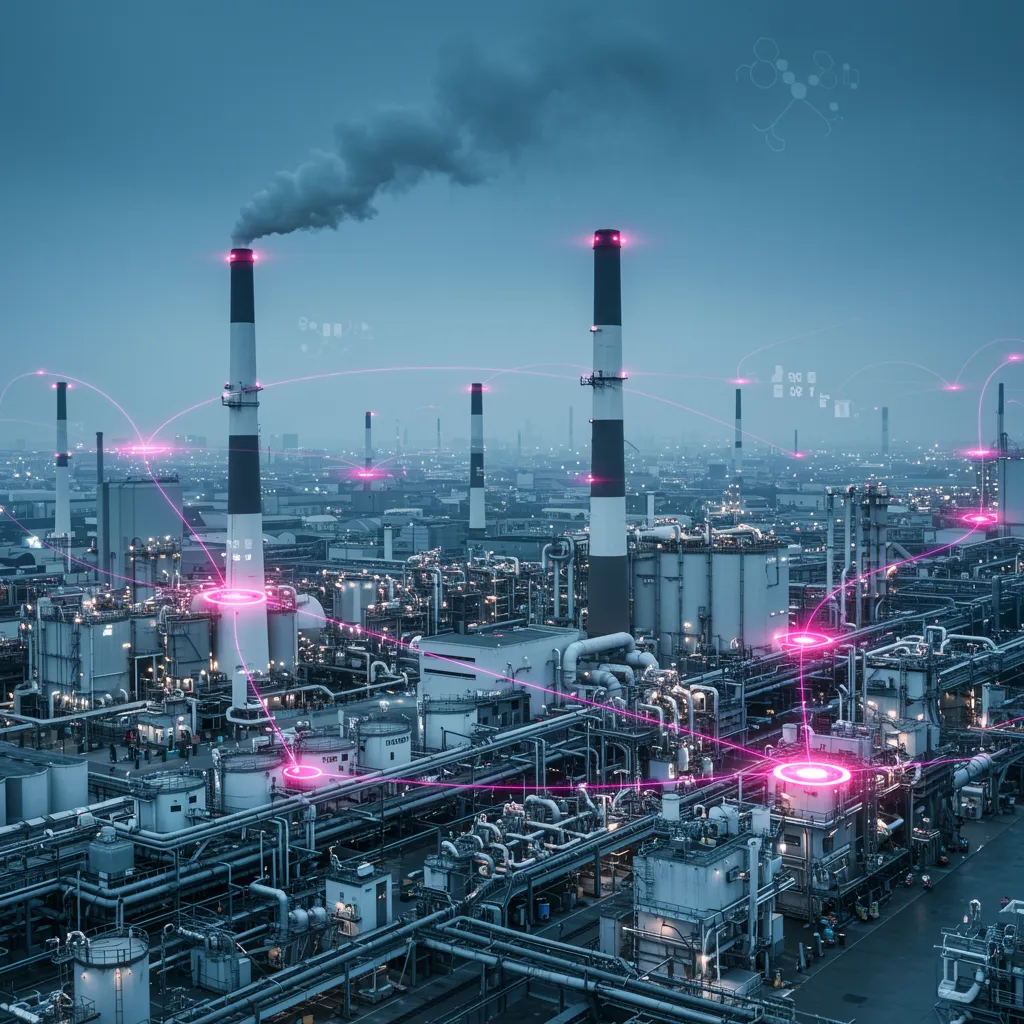 Outside view of a factory with utilities, power and energy