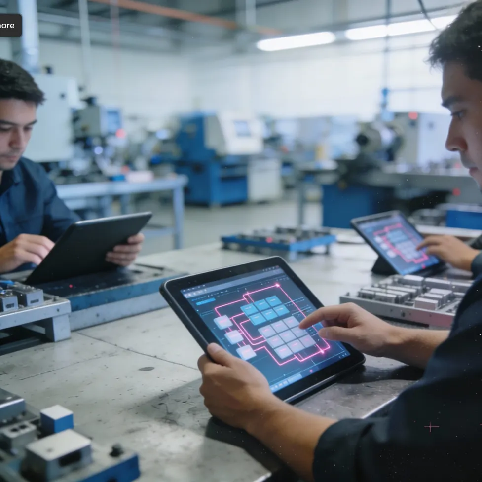 People talking at a table with tablets and reading data