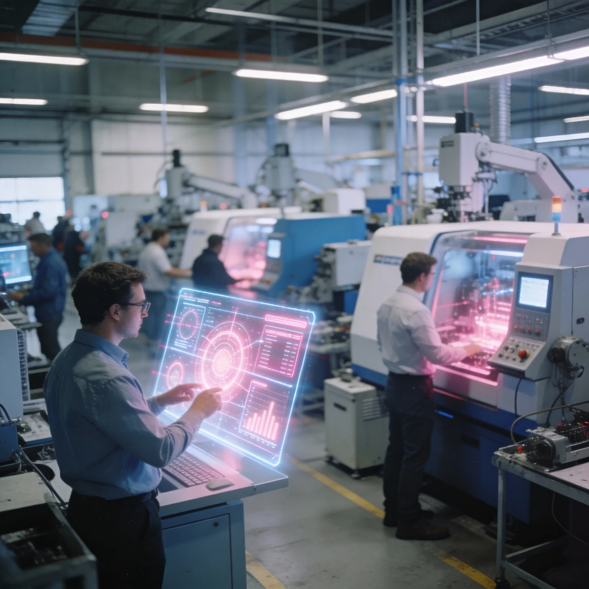 People in a factory floor setting looking at computers and digital devices