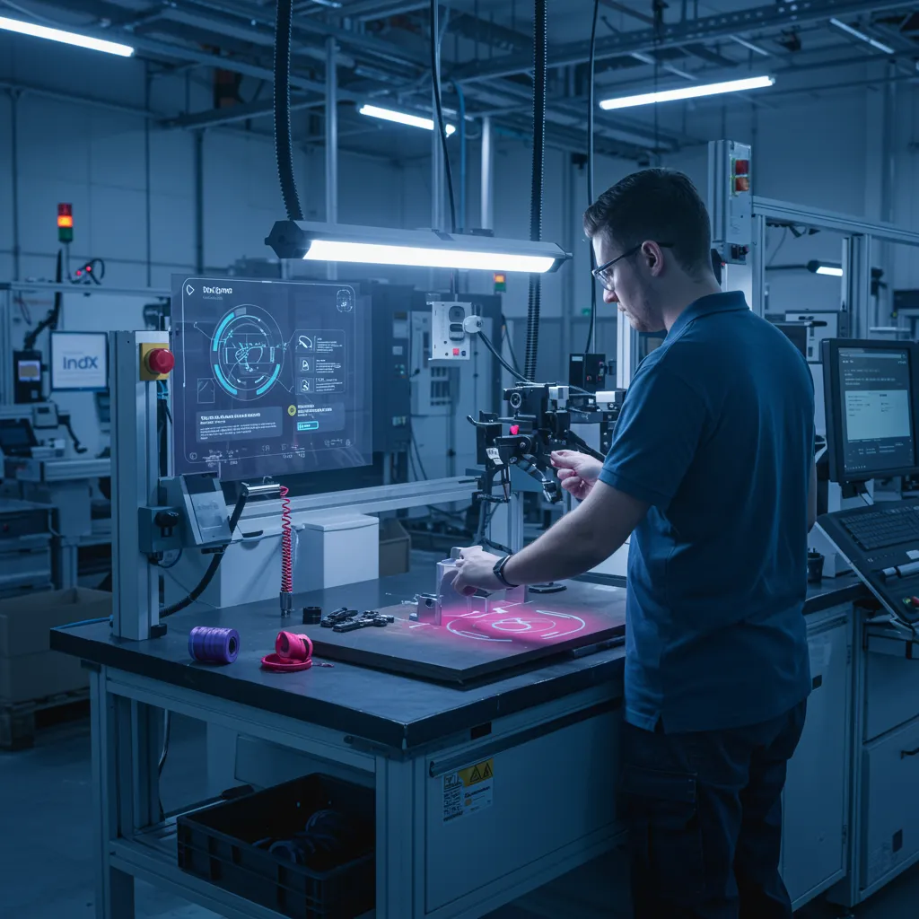Person working on a factory floor with controls and machines