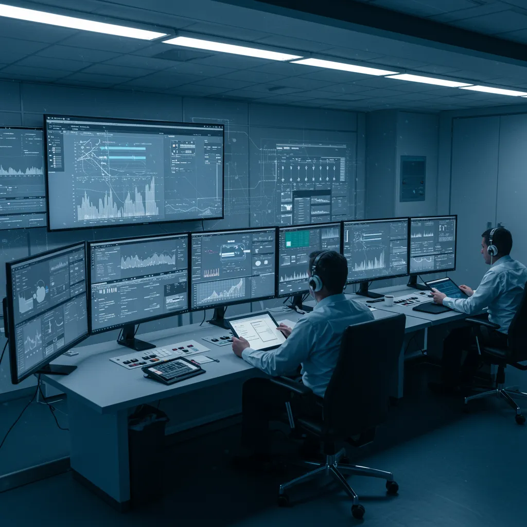 Workers looking at large screens with data