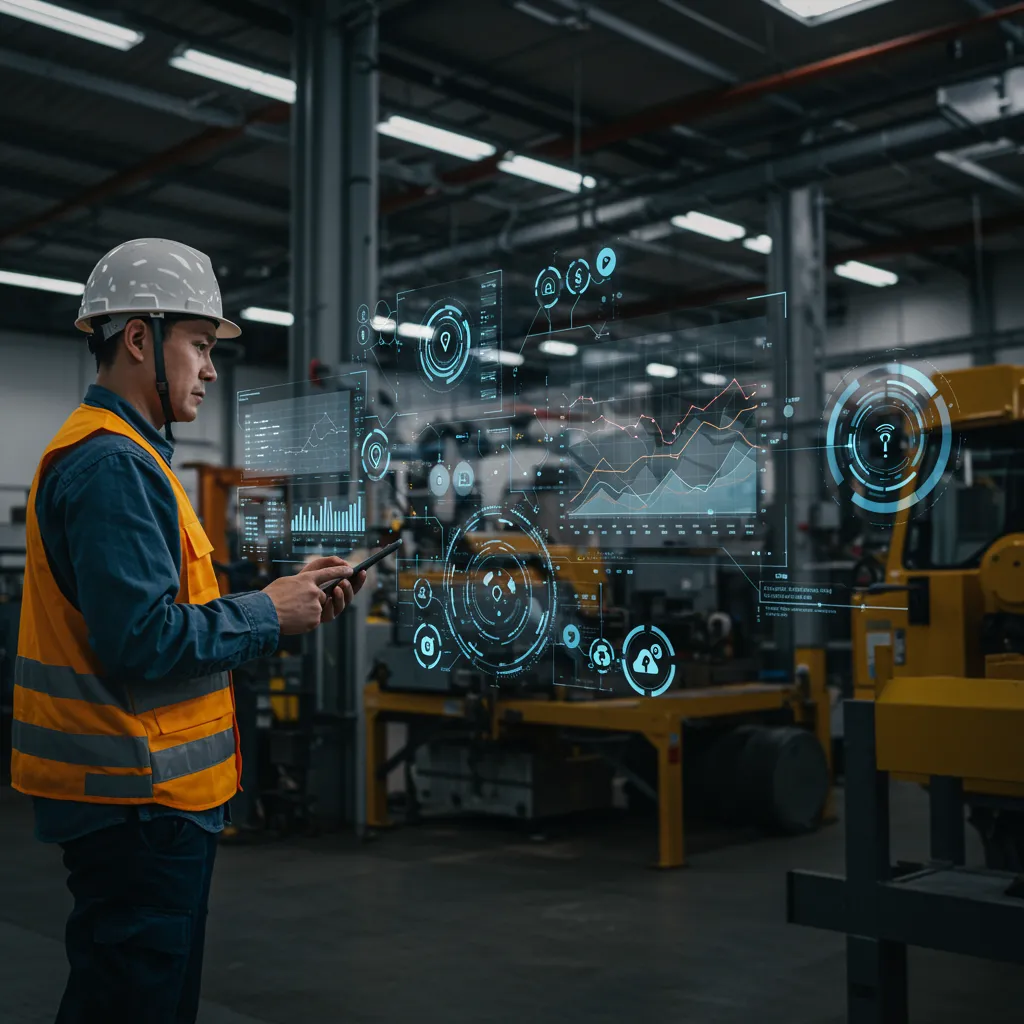 Person looking at digital devices and machines on a factory floor